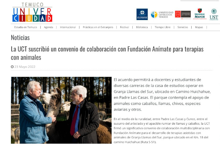 La UCT suscribió un convenio de colaboración con Fundación Anímate para terapias con animales > UCT