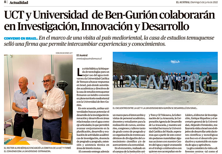 UCT y Universidad de Ben-Gurión colaborarán en Investigación, Innovación y Desarrollo > UCT